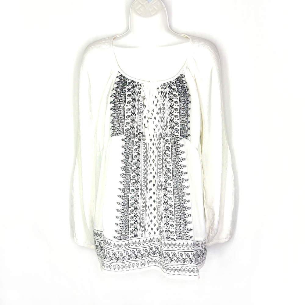 Old Navy blouse, size small, off white top with navy blue embroidery.